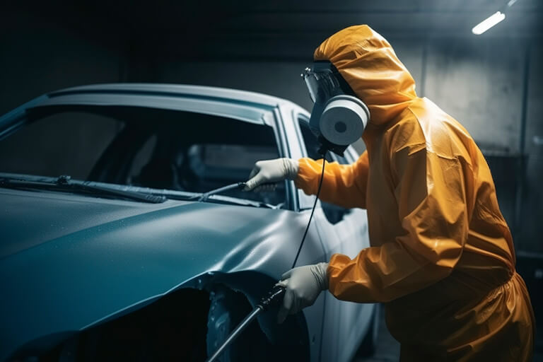 auto body technician applying coating to a car