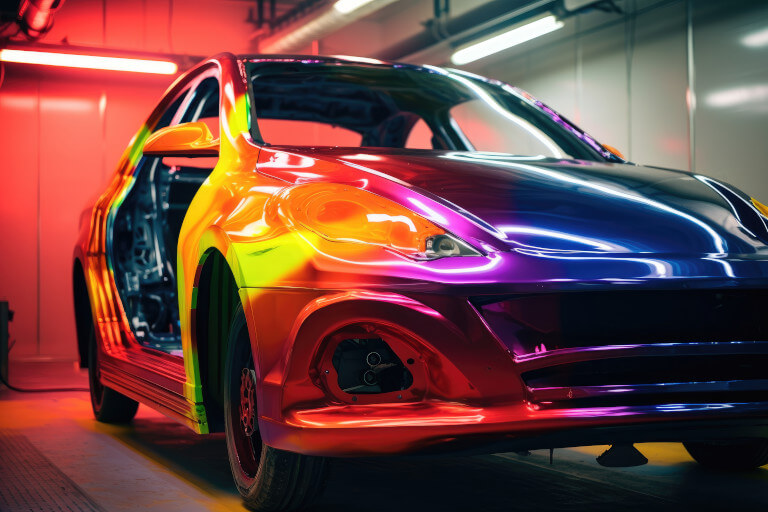 Car wrapped in multicolored iridescent vinyl